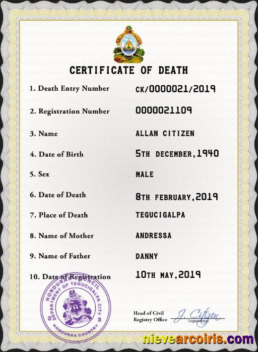 Honduras death certificate